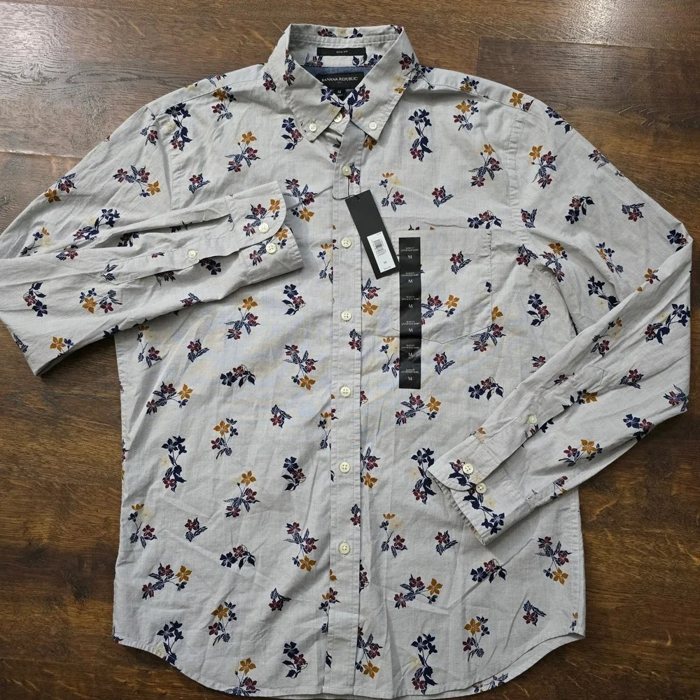 New Banana Republic Slim Fit Untucked Shirt Mens Medium Grey Floral Button Down